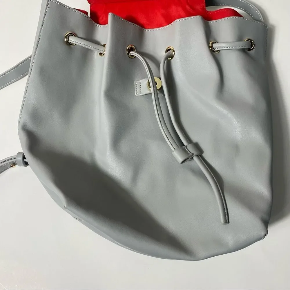 Tura Gray Faux Leather Backpack Shoulder Bag Satchel Drawstring Purse